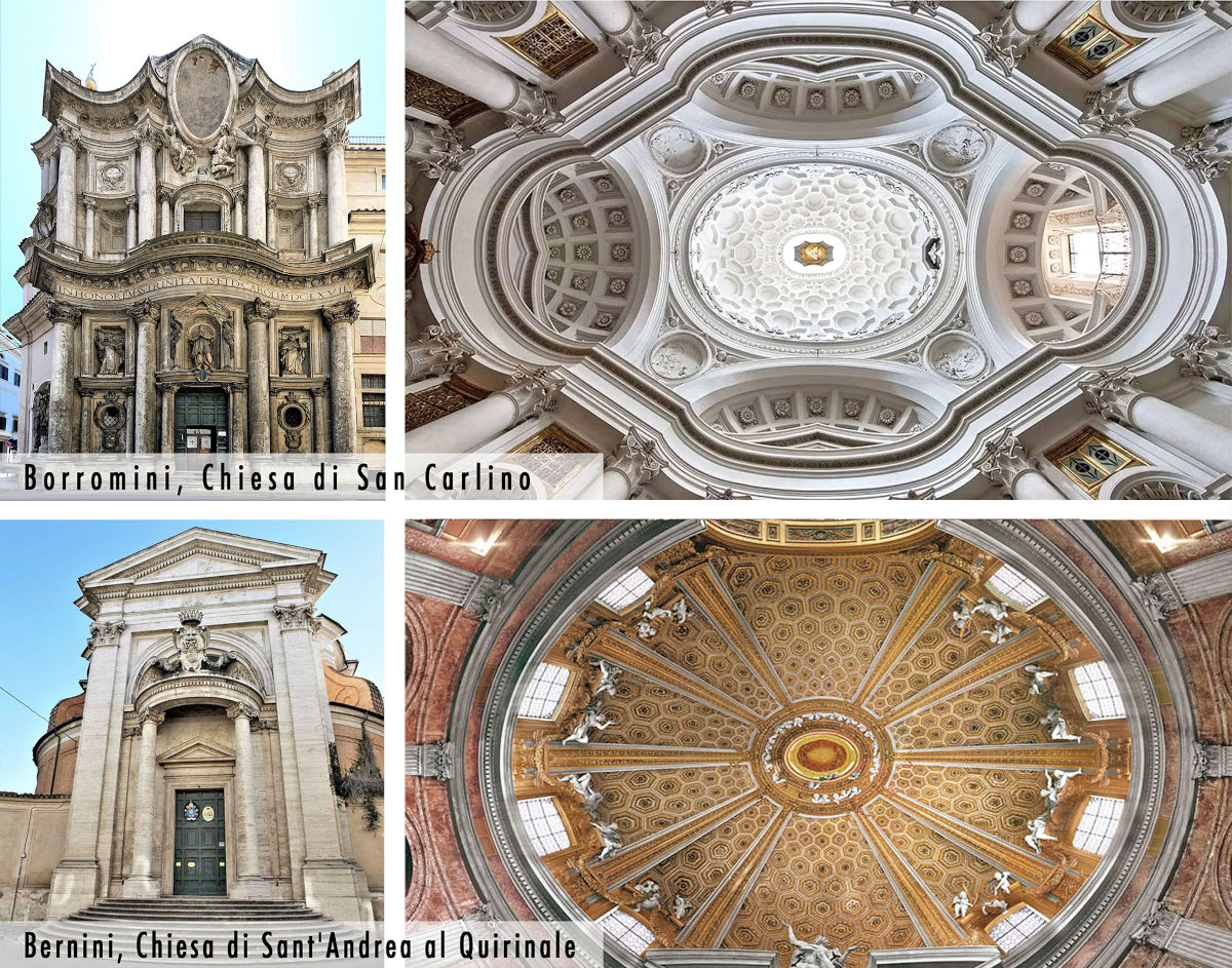 Alcuni esempi di Barocco Romano: Chiesa di San Carlo alle 4 fontane o San Carlino (Borromini), Chiesa di Sant'Andrea al Quirinale (Bernini)