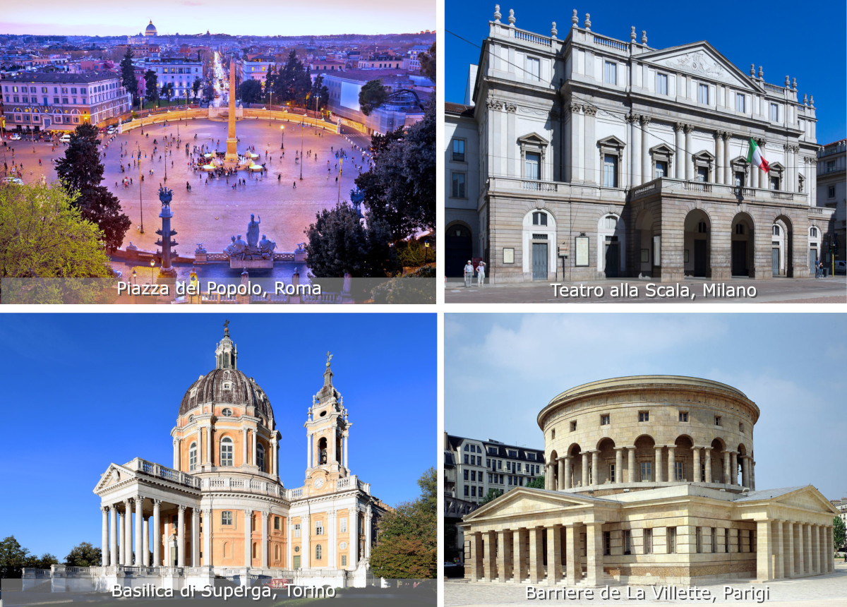 Esempi di opere del Neoclassicismo: Piazza del Popolo a Roma, Teatro alla Scala di Milano, Basilica di Superga a Torino, Barriere de La Villette a Parigi