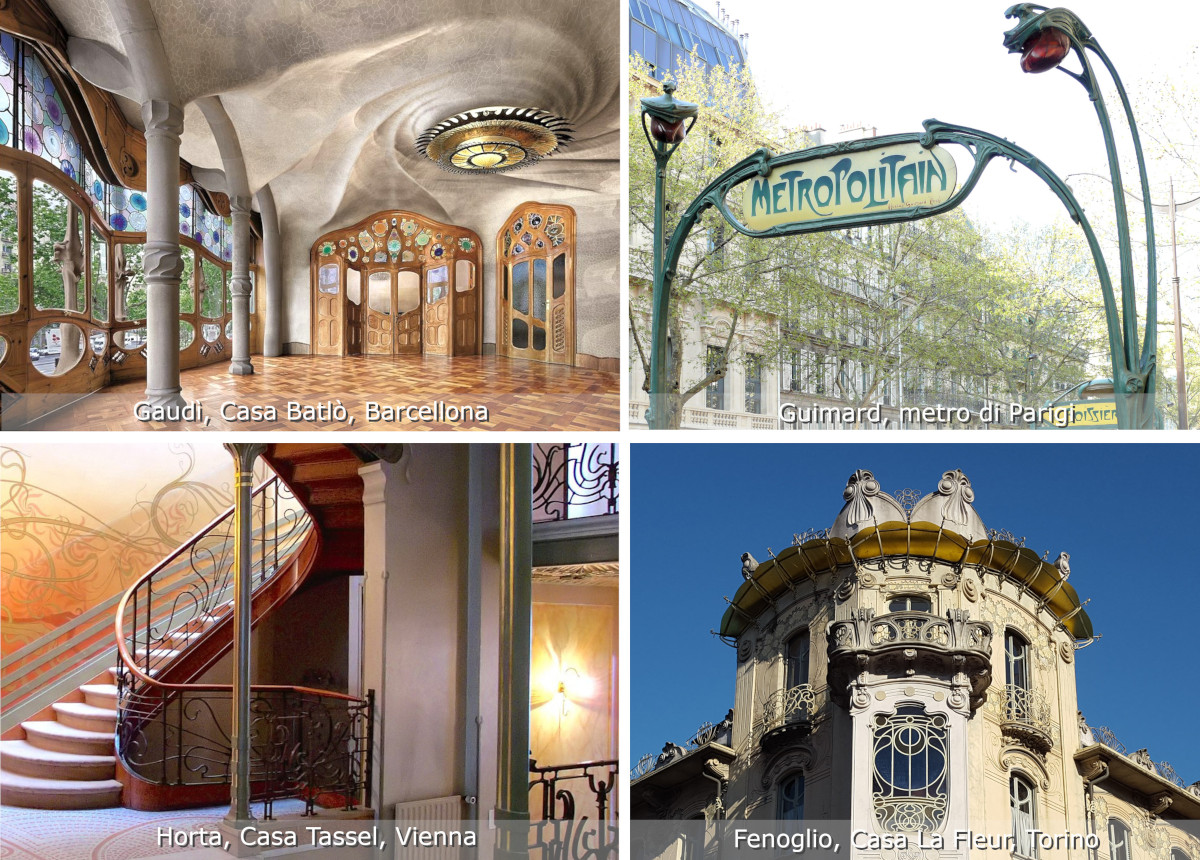 Esempi di Art Nouveau o stile Liberty: Casa Batlò a Barcellona, la metro di Parigi, Casa Tassel a Vienna, Casa La Fleur a Torino