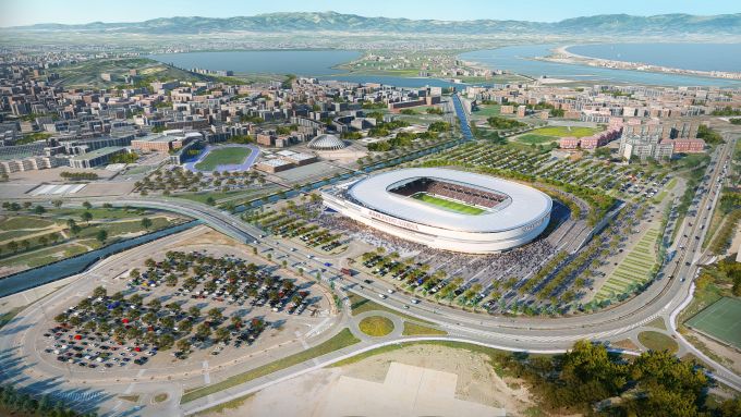 Render del progetto del nuovo stadio di Cagliari prima delle recenti proposte di modifica