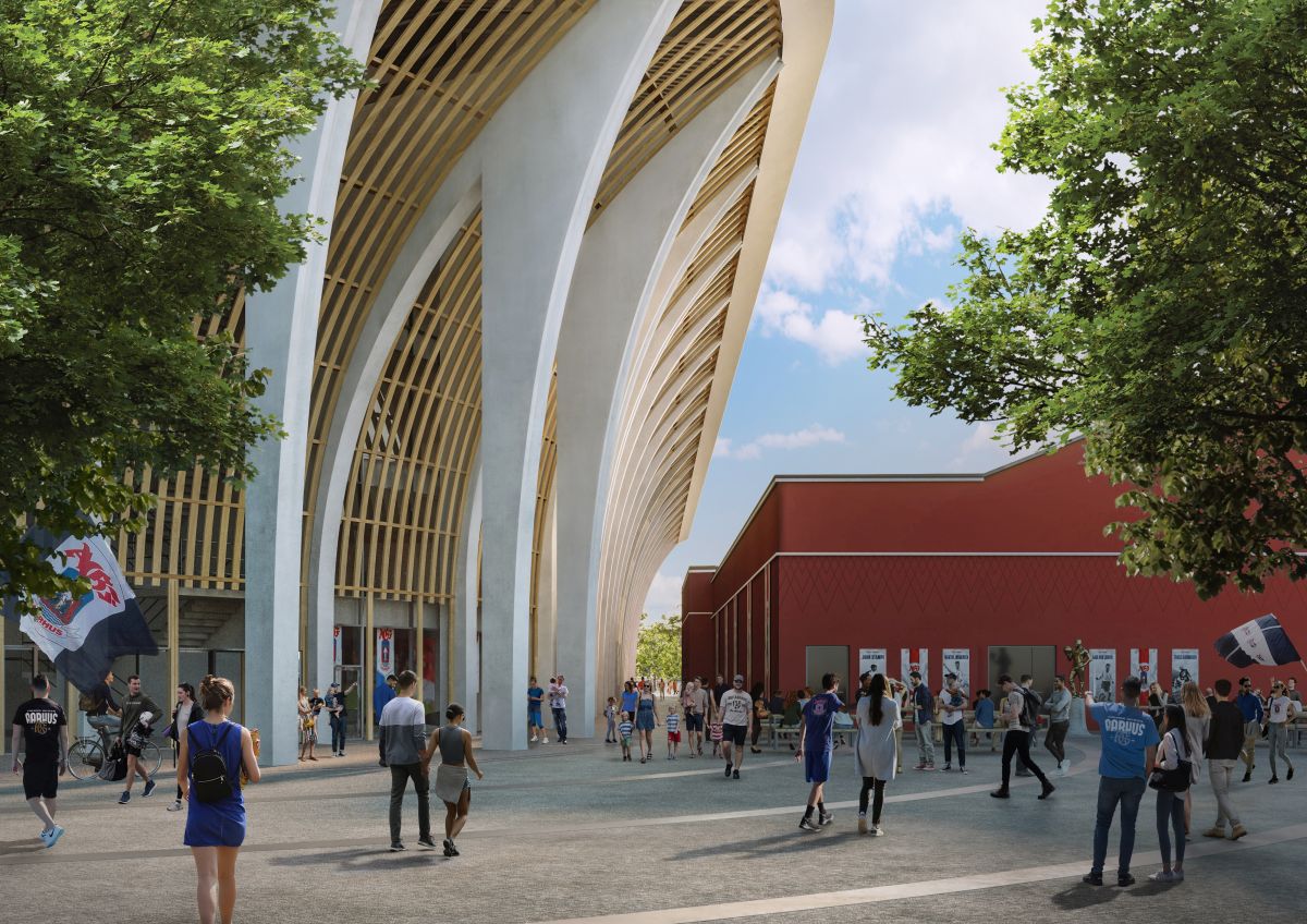 L’ingresso allo stadio di Aarhus con le imponenti strutture in legno 