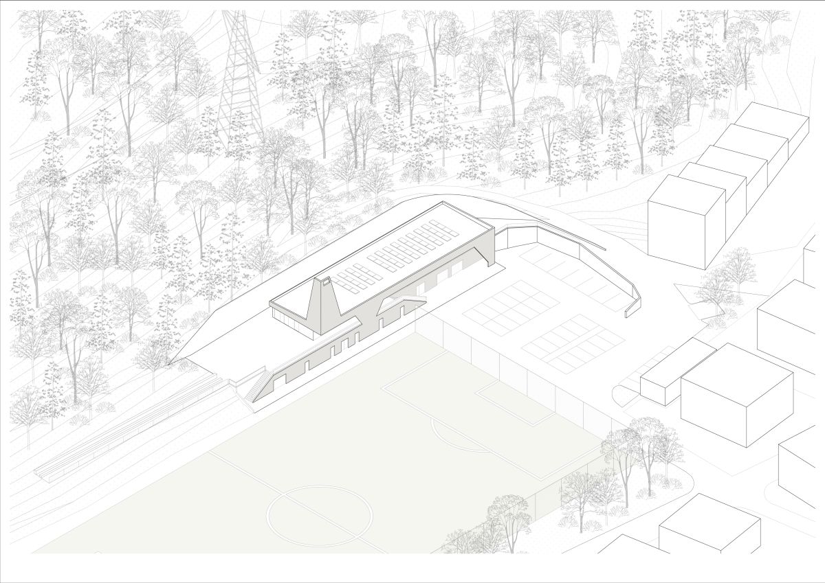 Nel disegno, il complesso sportivo-ricreativo di Fieldhouse 