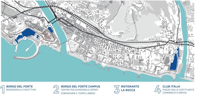 Il masterplan per la riqualificazione del porto di Ventimiglia con indicate le quattro aree di intervento