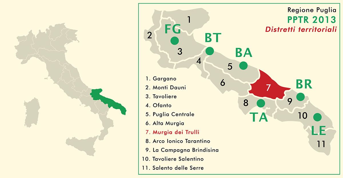 Mappa della Puglia con la divisione territoriale indicata dal PTPR (elaborazione dell’autore) Mappa della Puglia con la divisione territoriale indicata dal PTPR (elaborazione dell’autore)