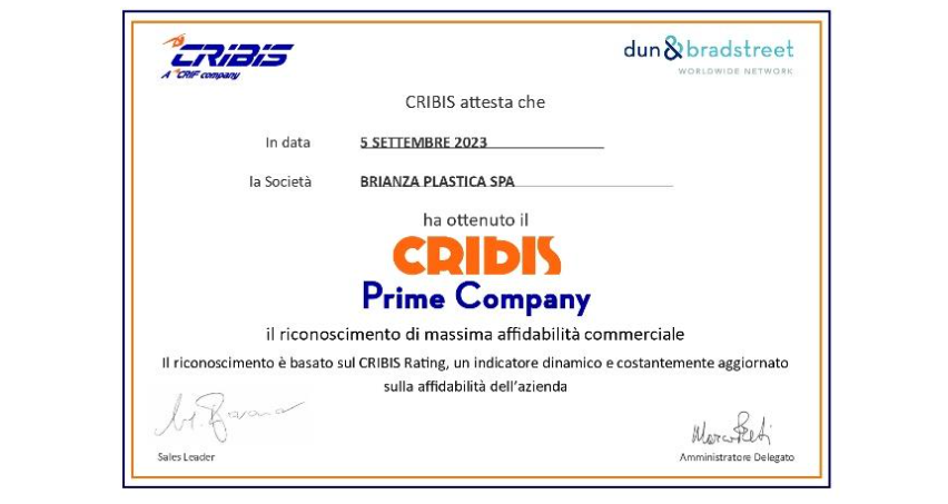 Brianza Plastica ha ottenuto il riconoscimento “Cribis Prime Company 2023”
