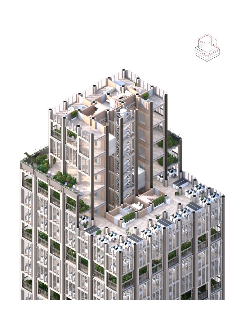 Concorso SKYHIVE Timber Skyscraper - Terzo premio: Rebuilding Green by Beom Seok Ko, Shiwon Kim, Joo Hye Lim e Eun A Jeong