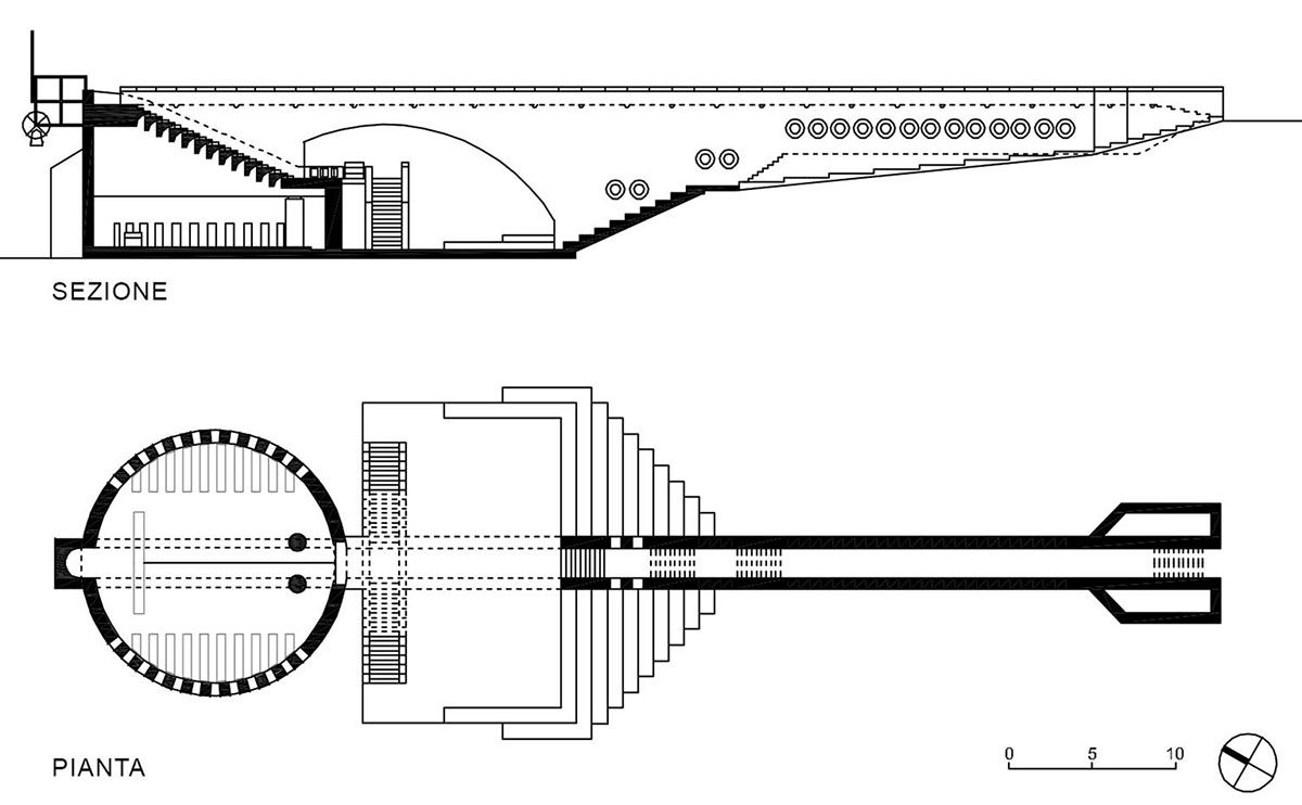Sezione e pianta della Cappella del Monte Tamaro di Mario Botta