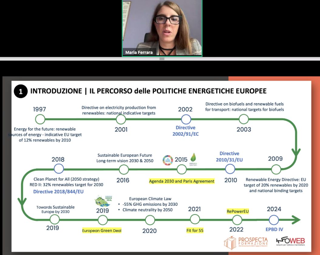 Un momento dell'intervento di Maria Ferrara docente del Polito durante il convegno convegno “Sistemi di riscaldamento ad alta efficienza per il comfort abitativo”, organizzato da Prospecta Formazione – Infoweb
