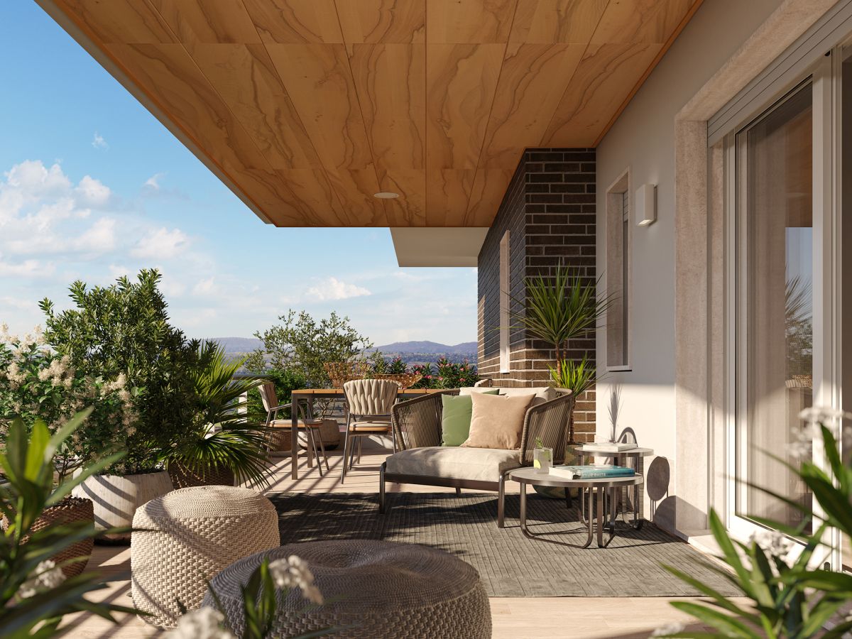 Città Verde a Roma, un eco-quartiere nel territorio di Colle Ardeatino. La terrazza di uno degli appartamenti Città Verde a Roma, un eco-quartiere nel territorio di Colle Ardeatino. La terrazza di uno degli appartamenti