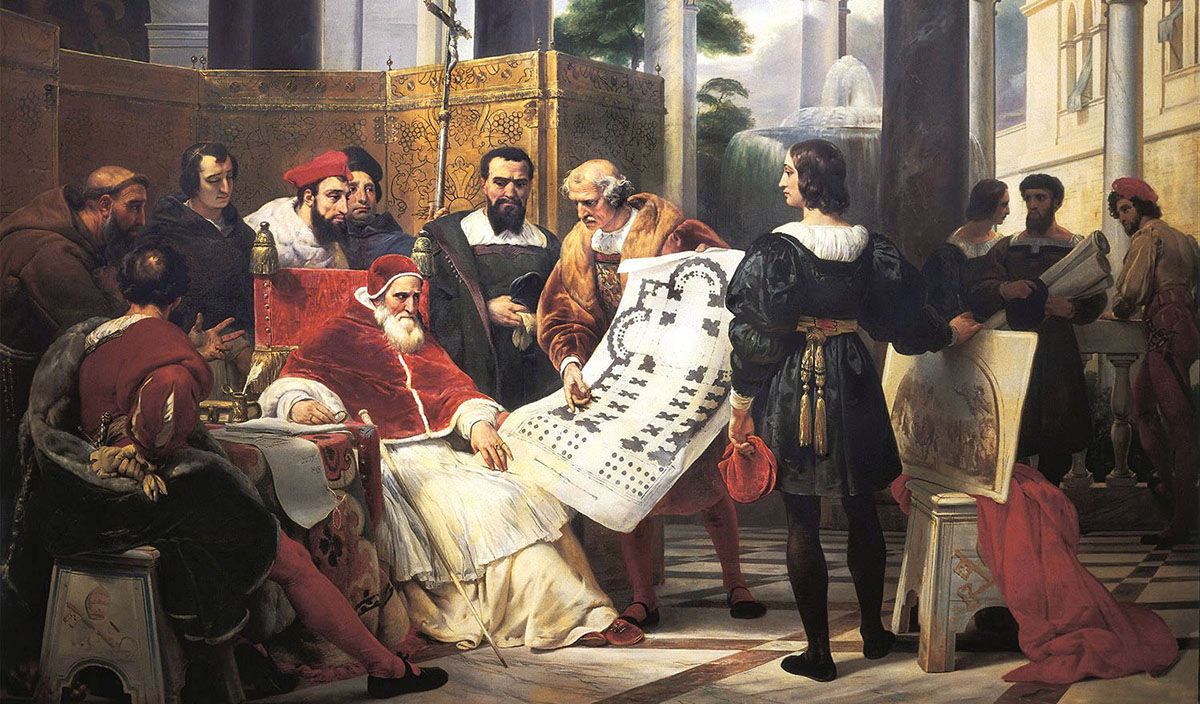 Bramante, Michelangelo e Raffaello mostrano i loro progetti per San Pietro a Papa Giulio II
