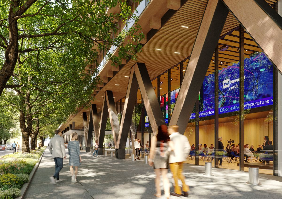 Nuovo Centro di Produzione RAI a Milano: render porticato lungo via Gattamelata Nuovo Centro di Produzione RAI a Milano: render porticato lungo via Gattamelata