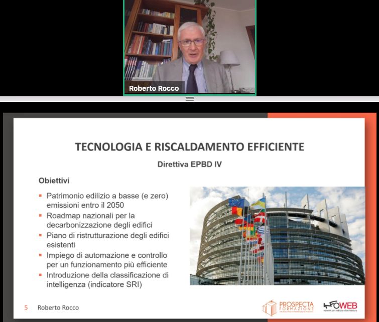 Un momento dell'intervento di Roberto Rocco durante il convegno convegno “Sistemi di riscaldamento ad alta efficienza per il comfort abitativo”, organizzato da Prospecta Formazione – Infoweb