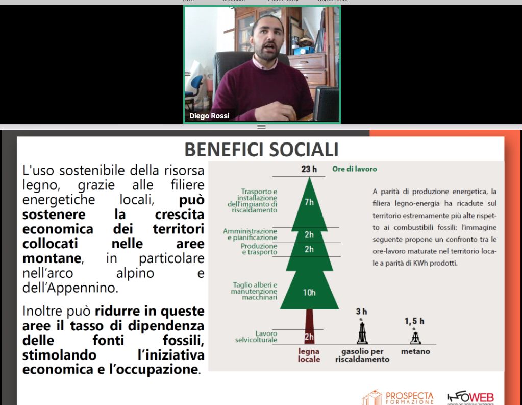 Un momento dell'intervento di Diego Rossi di AIEL durante il convegno convegno “Sistemi di riscaldamento ad alta efficienza per il comfort abitativo”, organizzato da Prospecta Formazione – Infoweb