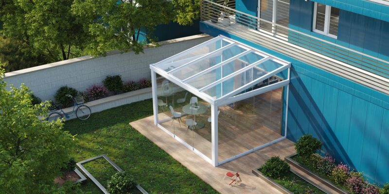 Skyroof: veranda in alluminio con tetto in vetri fissi