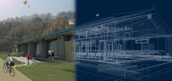 Rendering dell'edificio e struttura realizzata con BIM