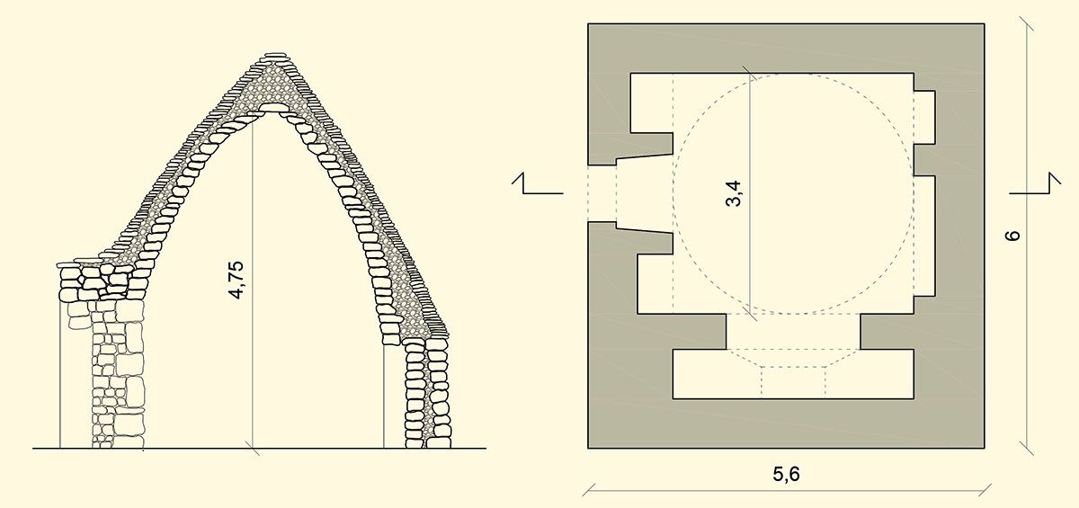 Rilievo di un trullo ad Alberobello: pianta e sezione (da: Moramarco V., 2013) Rilievo di un trullo ad Alberobello: pianta e sezione (da: Moramarco V., 2013)