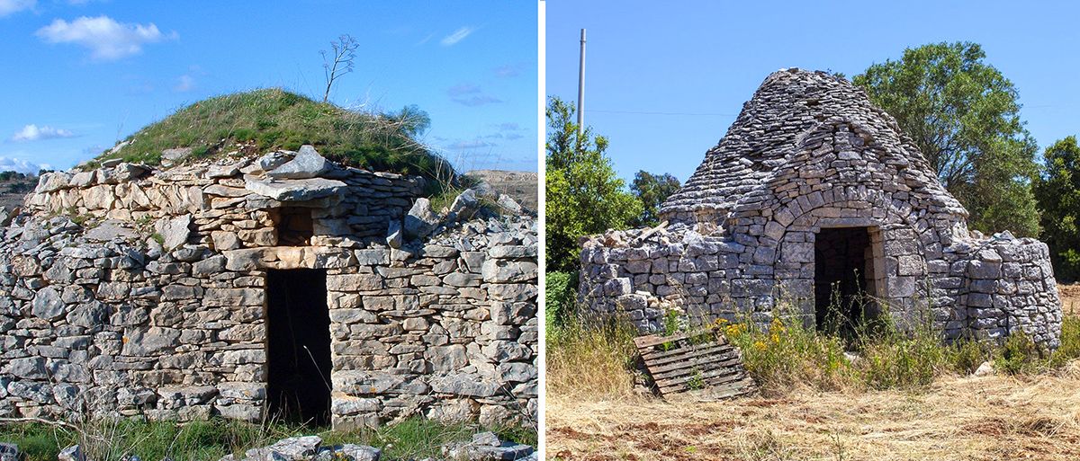 A sinistra: trullo coperto a tumulo. A destra: trullo con copertura in lastre di pietra calcarea locale (chiancarelle). A sinistra: trullo coperto a tumulo. A destra: trullo con copertura in lastre di pietra calcarea locale (chiancarelle).