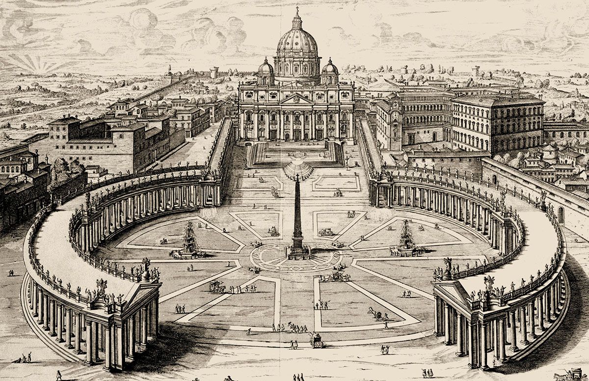 Fabbrica di San Pietro: il colonnato e la piazza del Bernini (G.B. Fadda, 1665)