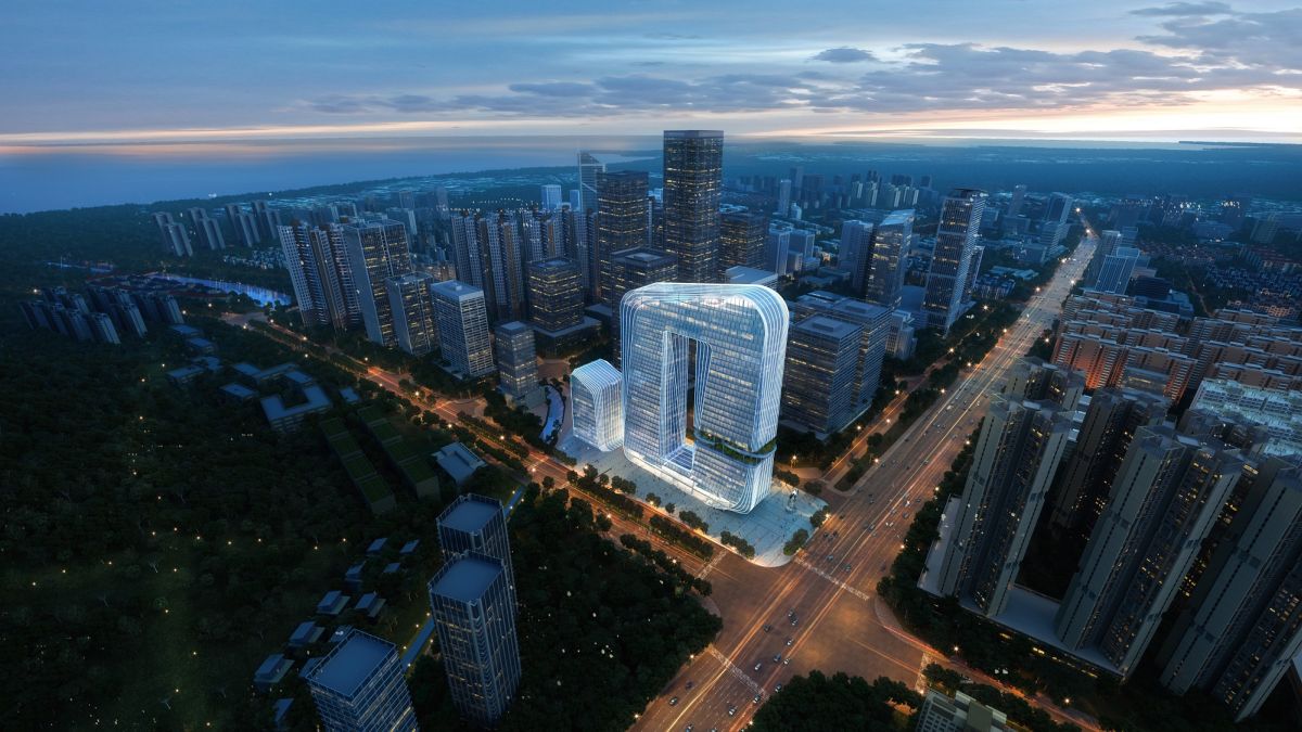 Vista notturna del grattacielo Xingge Jinze a Zhuhai 