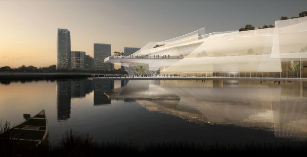 Yiwu Grand Theater, in Cina il teatro che sembra una barca con le vele in vetro