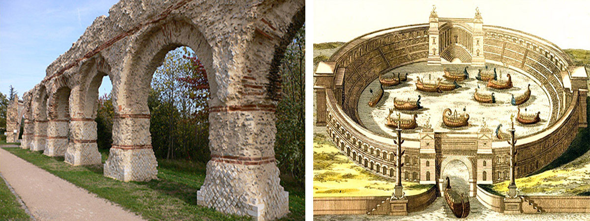 A sinistra: l’acquedotto Alsietino. A destra: ricostruzione della Naumachia di Augusto 