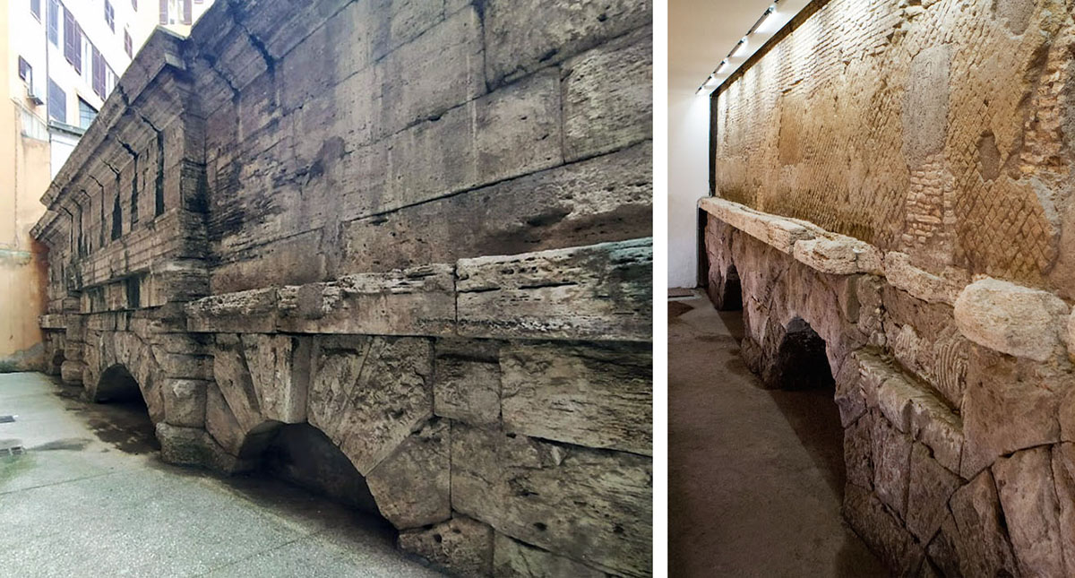 Tratto in superficie dell'Acquedotto Vergine. A sinistra: via del Nazareno. A destra: i sotterranei de la Rinascente. 