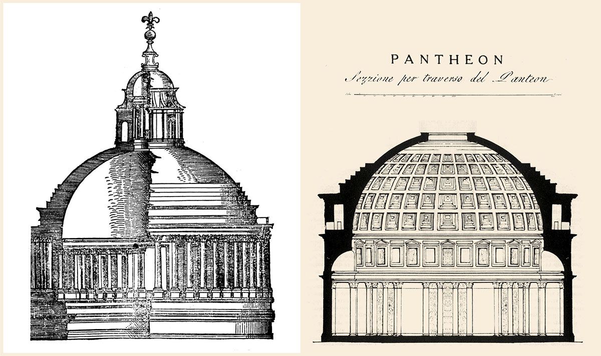 A sinistra: progetto della cupola di S. Pietro de Bramante (da Serlio, 1540). A destra: sezione del Pantheon.
