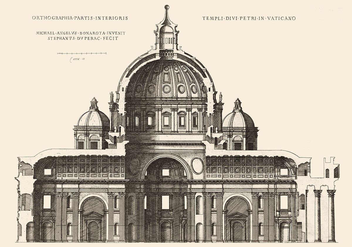 Sezione della Basilica vaticana e cupola di San Pietro secondo il progetto di Michelangelo
