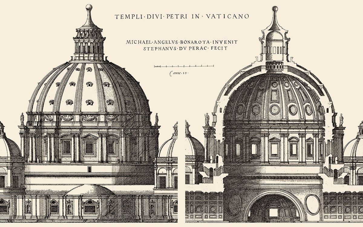 Il progetto della cupola vaticana per San Pietro di Michelangelo: prospetto e sezione
