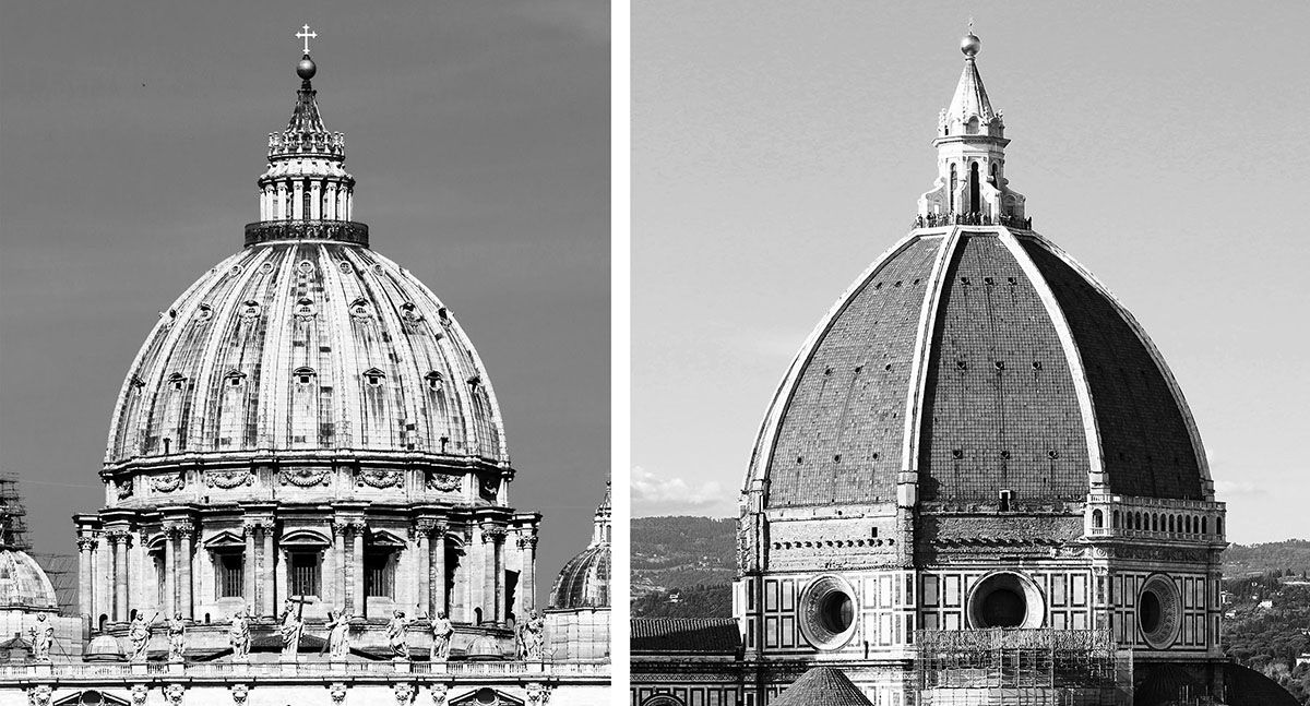 A sinistra: cupola di S. Pietro, Roma. A destra: cupola di S. Maria del Fiore o Duomo di Firenze, opera di Filippo Brunelleschi