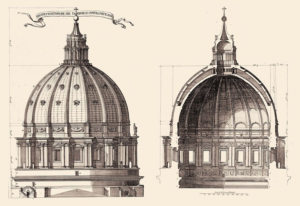 Il progetto della cupola vaticana per San Pietro di Giacomo Della Porta: prospetto e sezione (Fontana, 1694)