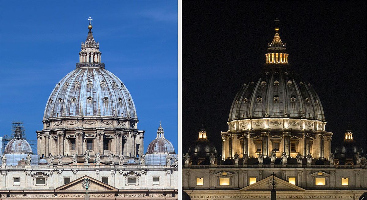 La Cupola della Basilica Vaticana di San Pietro: giorno e notte