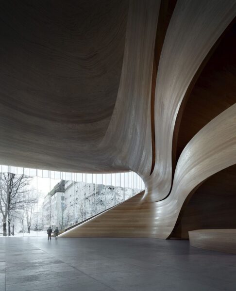 La parete scultorea in legno che introduce Duet, teatro dell'Opera di Düsseldorf ,