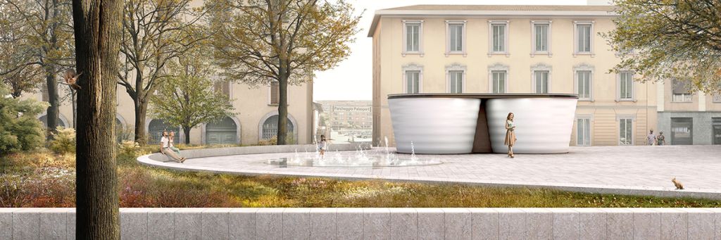 La piazza esterna con fontana del Gamec, nuovo spazio culturale dedicato all’arte moderna a Bergamo