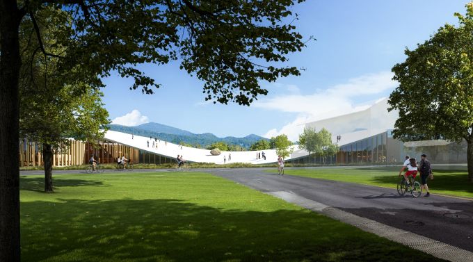 L'università Hida Takayama con tetto ondulato e calpestabile L'università Hida Takayama con tetto ondulato e calpestabile