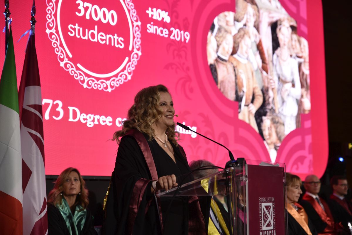 La Rettrice dell’Università di Milano-Bicocca, Giovanna Iannantuoni, durante il suo intervento all'inaugurazione dell'anno accademico