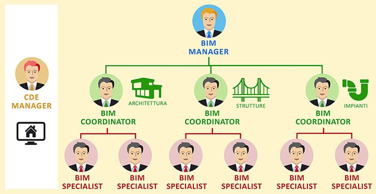 Le figure professionali del BIM: CDE manager, BIM manager, BIM coordinator, BIM specialist.