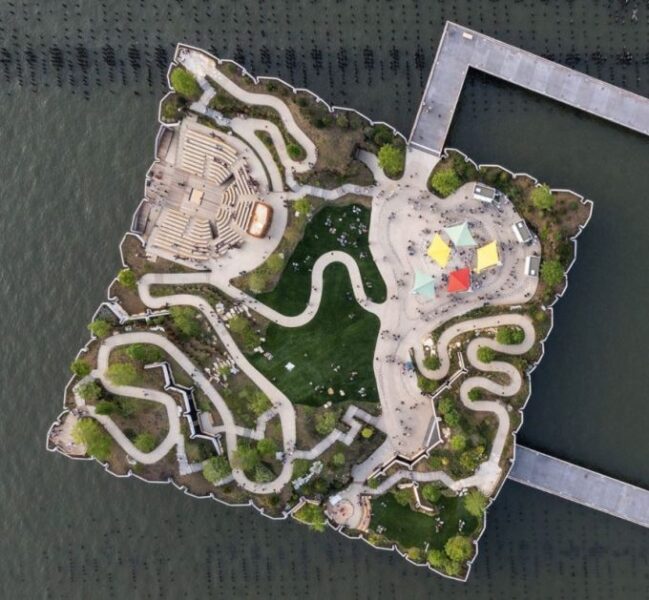 Little island, il parco pubblico sul fiume Hudson a New York. Vista aerea