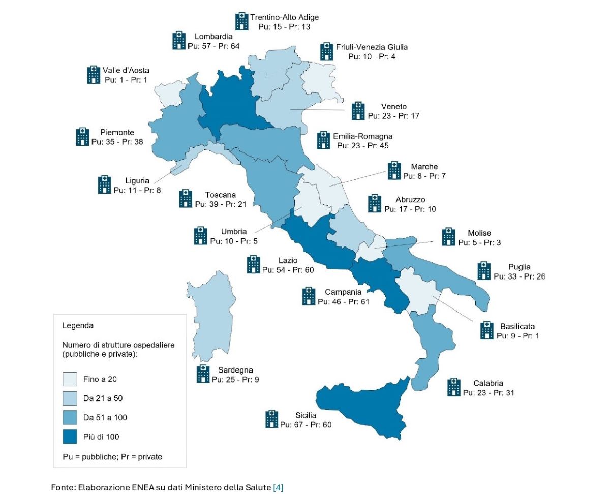 Numero delle strutture ospedaliere di ricovero pubbliche e private nelle regioni italiane; dati al 2021