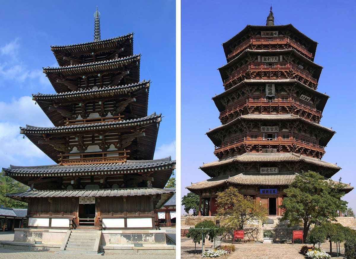  A sinistra la pagoda di Horyuji, a destra la pagoda di Yingxian