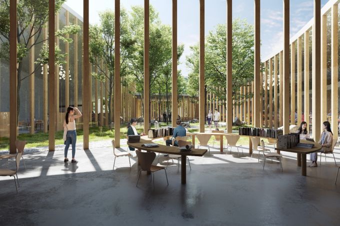 I pilastri in legno che sorreggono il tetto dell'Università privata Hida Takayama I pilastri in legno che sorreggono il tetto dell'Università privata Hida Takayama