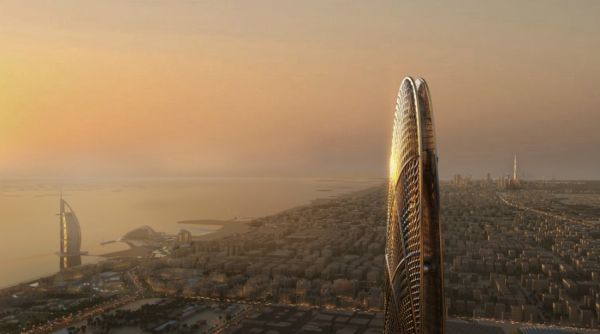 Rendering grattacielo Burj Jumeira a Dubai Grattacielo Burj Jumeira a Dubai, dal profilo aerodinamico