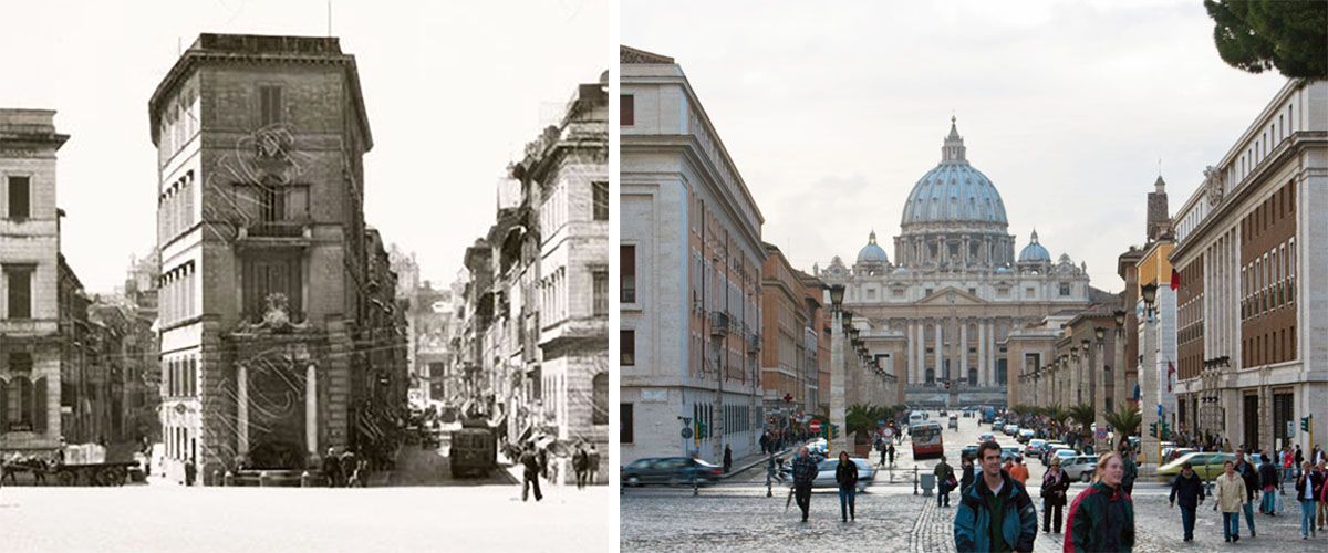 San Pietro: a sinistra: la spina di Borgo (1930). A destra: via della Conciliazione oggi. 