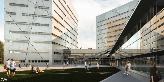 Scuola Politecnica di Genova: La piazza e sullo sfondo i due edifici pluripiano