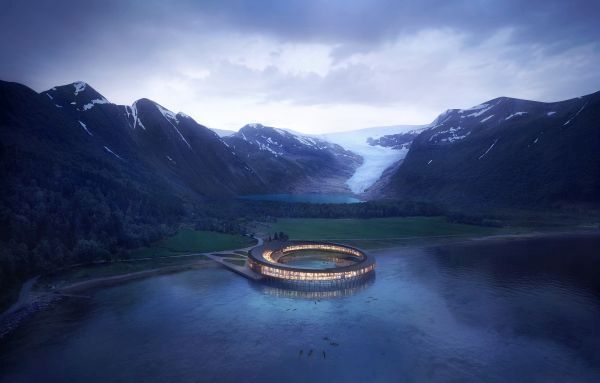 Render dell’hotel Svart in Norvegia by Snøhetta, a energia positiva