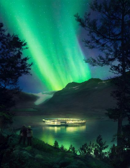 Render dell’hotel Svart in Norvegia, a energia positiva e dell’aurora boreale 