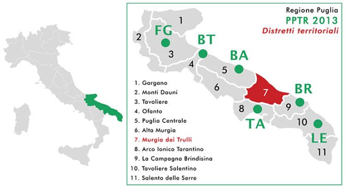 Mappa della Puglia con la divisione territoriale indicata dal PTPR 