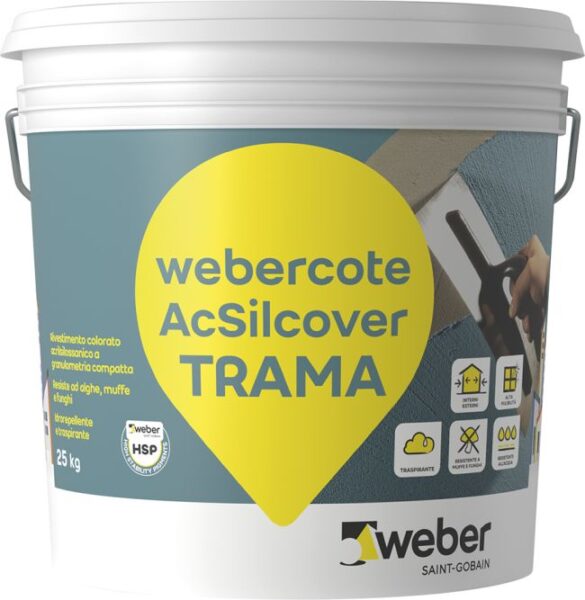 webercote AcSilcover R-M-TRAMA è il rivestimento acril-silossanico del marchio Weber pensato per murature esterne e cappotti termici e caratterizzato da facilità applicativa ed elevata pulibilità